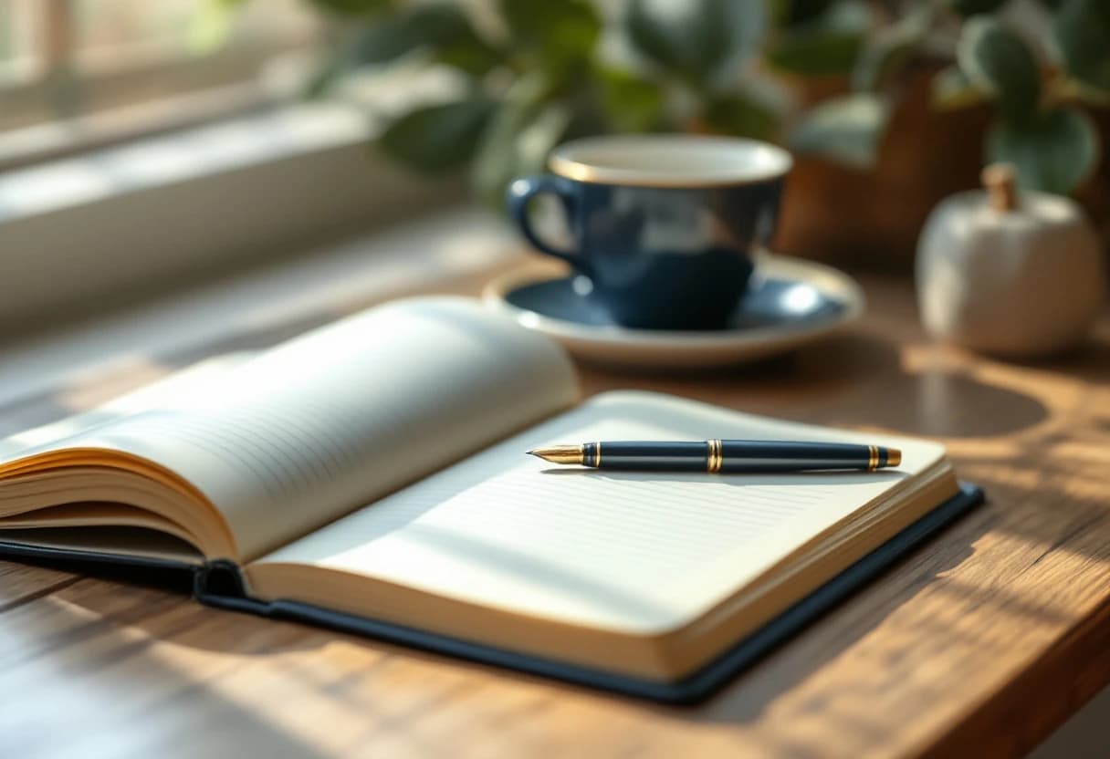 A quiet study desk with notebook and coffee in warm window light